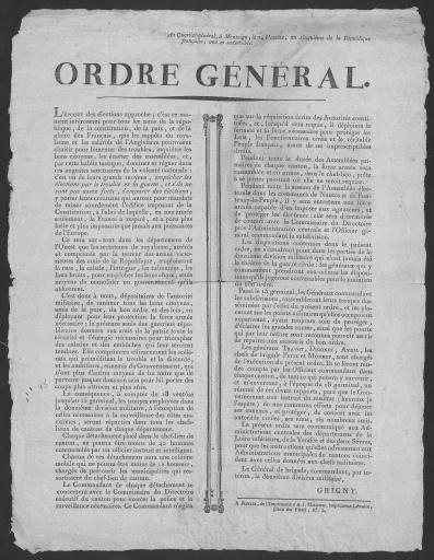 Ordre général [relatif au déploiement des troupes dans les cantons pour empêcher les troubles lors des élections] / signé : Grigny, général de brigade, commandant par intérim la douzième division militaire.